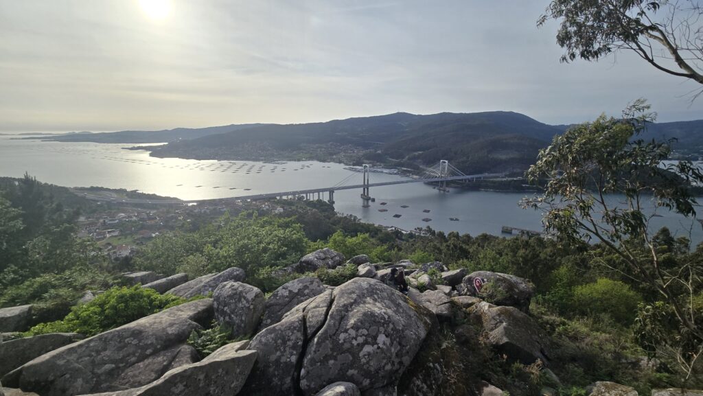 Scenic view of a bay with a bridge, hills, and lush greenery in Galicia, Spain.
